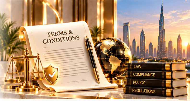 Terms and Conditions scroll with scales of justice and law books in a Dubai office
