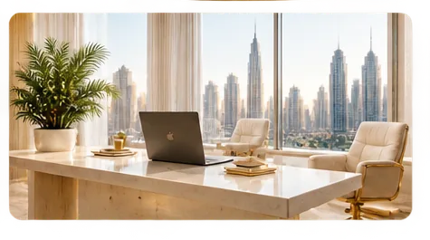 GoldenKey consultation office with a view of the Dubai skyline